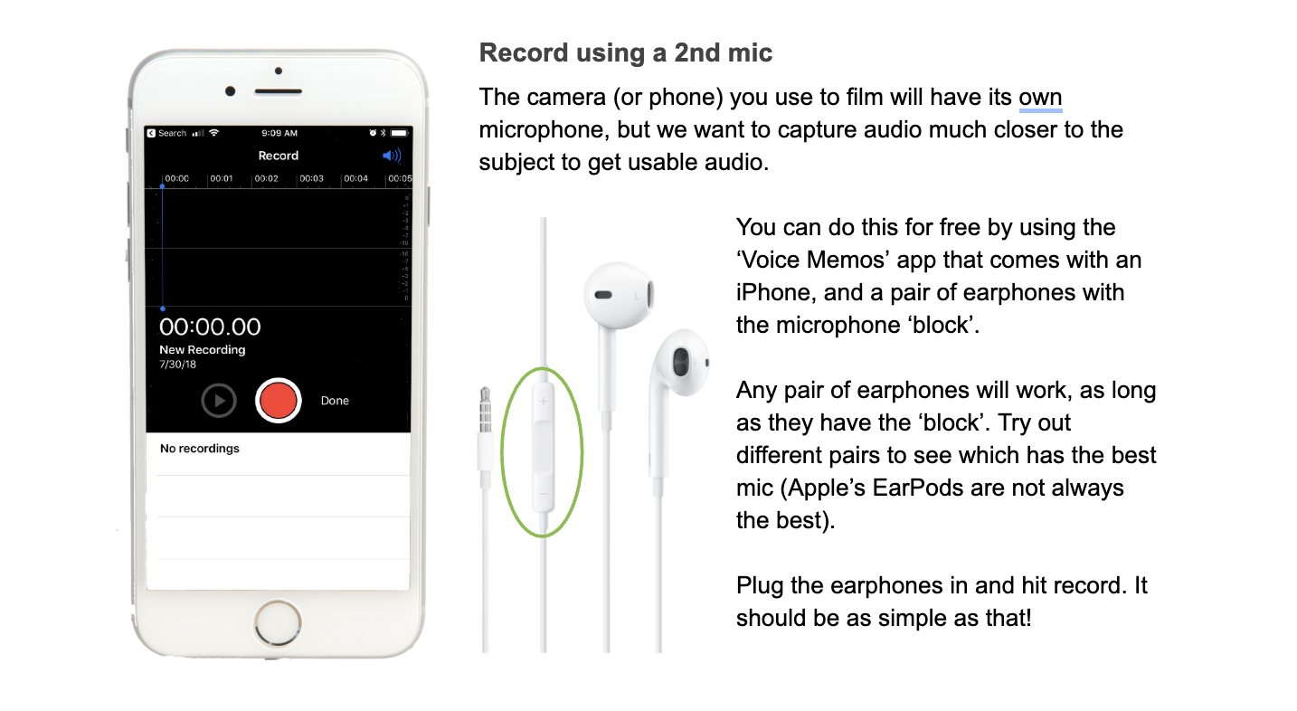 An Iphone showing the voice memo app with the following text: Record using a 2nd mic
The camera (or phone) you use to film will have its own microphone, but we want to capture audio much closer to the subject to get usable audio.

You can do this for free by using the ‘Voice Memos’ app that comes with an iPhone, and a pair of earphones with the microphone ‘block’.

Any pair of earphones will work, as long as they have the ‘block’. Try out different pairs to see which has the best mic (Apple’s EarPods are not always the best).

Plug the earphones in and hit record. It should be as simple as that!
